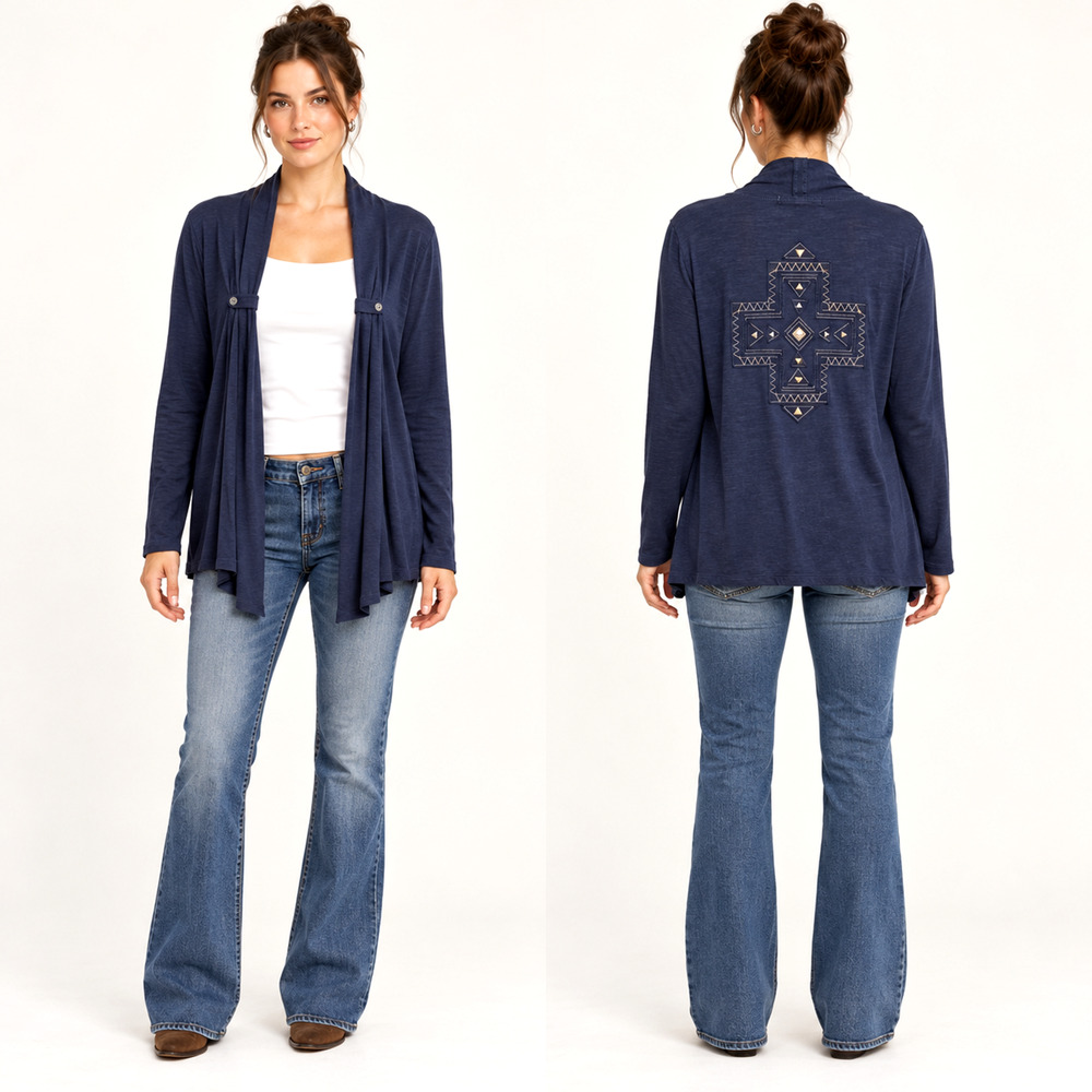 Pendleton Navy Studded Open Front Waterfall Cardigan S Rocker Punk Y2K